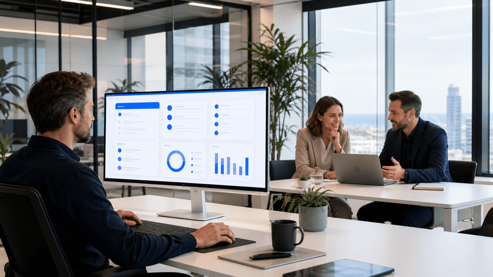 Split-screen illustration of a blue AI dashboard and orange team workspace with glowing search icons.